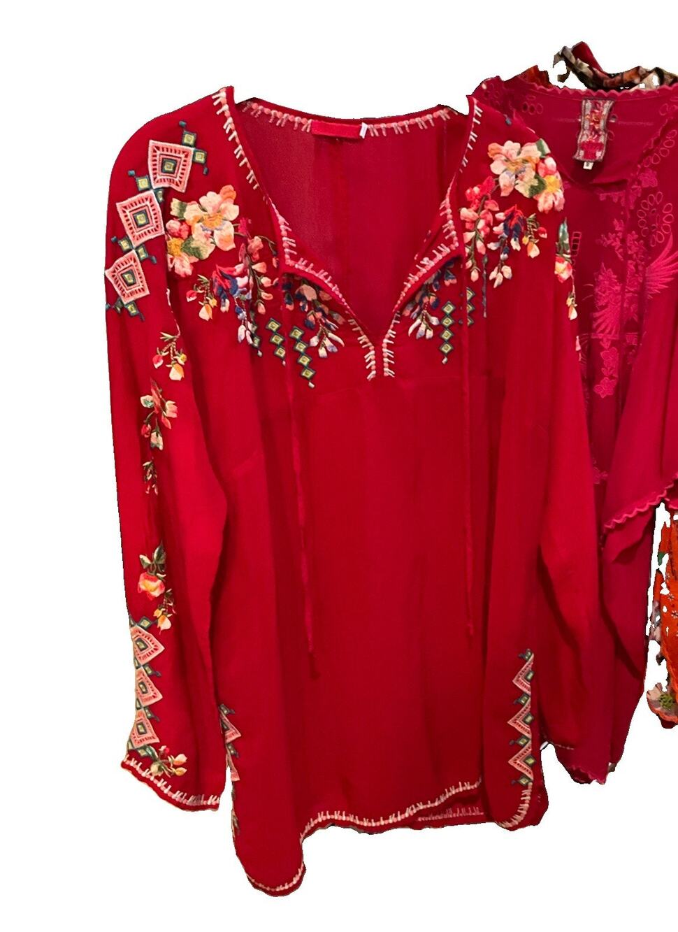 Johnny Was Red Embroidered Cupra Rayon Tunic- L- NWOT